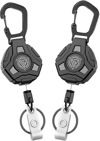 2PCS Porte clés Rétractable, Porte Clef Badge Enrouleur avec 60cm cordon rétractable, Robuste Attache Porte-badge Cle, Support de badge ID tactique 260 g
