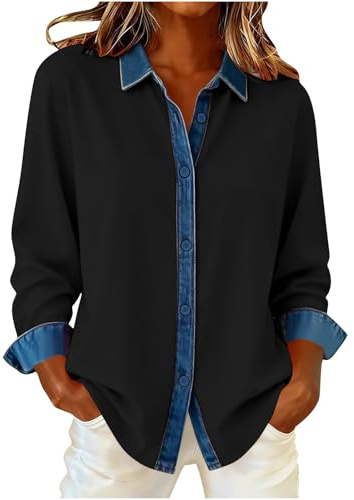 Dyhxuan Chemisier à manches longues en denim patchwork pour femme - Chemise boutonnée - Manches longues - Col en V - T-shirt tendance pour femme, Noir , M