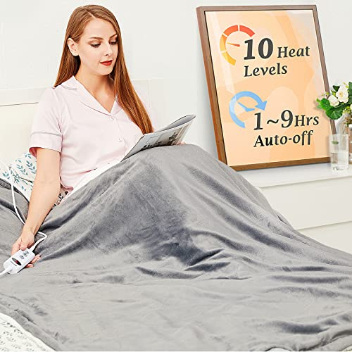 Mia&Coco Electric Heated Blanket Throw with Flannel Sherpa, Quick Heating, 10 Heat Levels, Up-to-9H Auto-Off, Machine Washable, ETL Certified, 130x180cm Grey