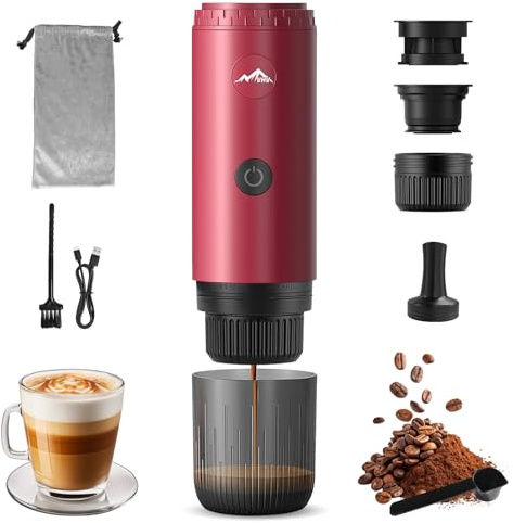 VHV Macchina da caffè portatile, Macchina da caffè portatile 3 in 1 compatibile con capsule espresso e polvere di caffè, ricaricabile per viaggio, campeggio, auto, casa (Rosso)