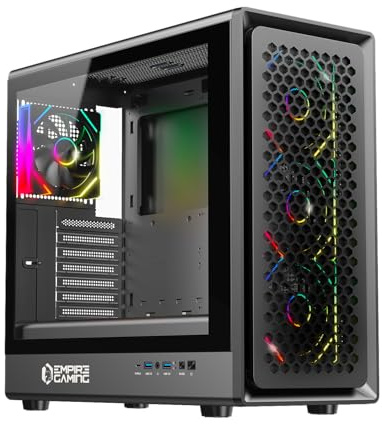 EMPIRE GAMING EC257 Boîtier PC Gamer Moyen Tour ATX/mATX/ITX, Façade Mesh Airflow, 4 Ventilateurs ARGB 120mm Préinstallés + HUB PWM, Verre Trempé, GPU 420 mm, Watercooling 360 mm, USB-C