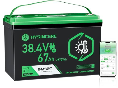HYSINCERE Batería de litio 36V 63 AH Batería LiFePO4 Calefacción Automática | 50A BMS, Bluetooth, 2572Wh, IP67, 4000+ ciclos, para autocaravanas, barco, camper, solar