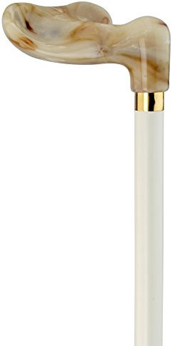 Blindenstock Fischer anatomischer Griff,stabiles Marmor-Imitat, Stock Buchenholz weiß lackiert, rechte Hand, Damen, Herren, Gummipuffer