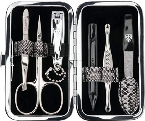 DREI SCHWERTER - Germany 6-tlg. Maniküre Set 'Catania' Nagelset mit Hautschere, Nagelknipser, Pinzette, Saphirnagelfeile, Glasnagelfeile, Nagelreiniger im Rahmenetui - Schlangenimitat