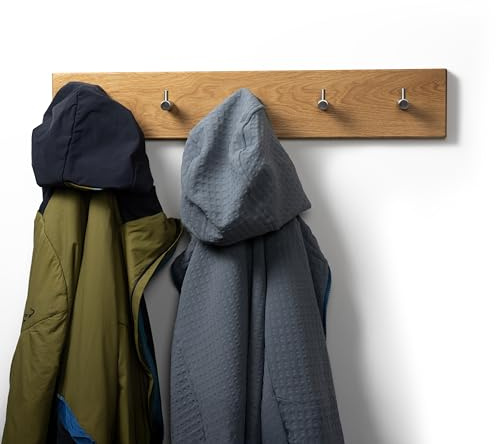 WOODS Hakenleiste Garderobe Holz massiv I Garderobenleiste moderne Wandgarderobe aus Holz handgefertigt in Bayern I Handtuchhalter (70cm (6 Haken), Eiche, Edelstahl Haken)