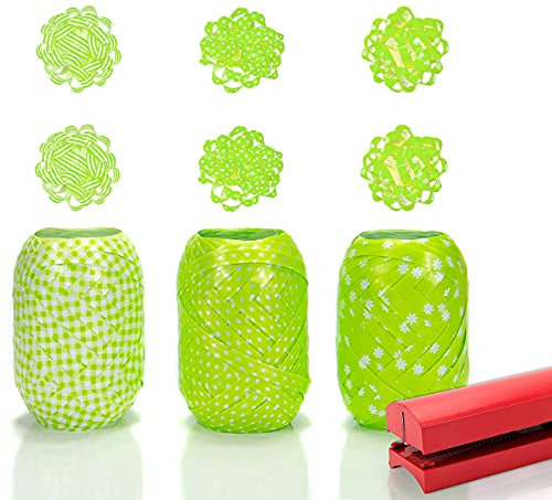 Helmecke & Hoffmann * Großes Verpackungs-Set | 3 x 20 m Geschenkband + 6 Geschenk-Rosetten + Bandspleißer | 7 Varianten wählbar | Eiknäuel Geschenkband Ringelband Schleifen (Grün)