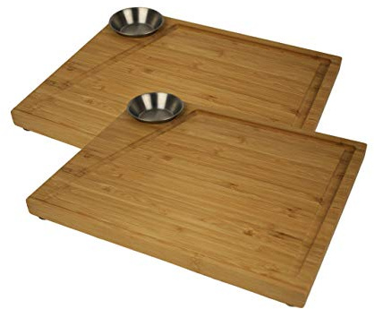 cleenbo Steakbrett 2er Set aus Bambus mit Edelstahl Soßenbehälter und Saftrille, Profi Holz Servierbrett für Fleisch, mit 4 Antirutschfüsschen, Maße: 30 x 25 x 3 cm