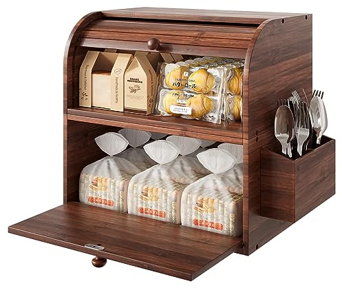TQVAI Brotkasten Holz, Bambus Brotbehälter mit 2 Etagen Brotaufbewahrung, Bread Box mit Rolldeckel mit Besteckaufbewahrung für Küchen Organizer, Retro Braun