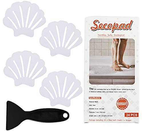 Secopad Non-Slip Bathtub Stickers, 24 PCS Shell Safety Bathroom Tubs Showers Treads Adhesive Decals Scraper (Clear)