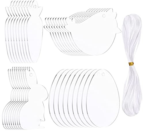 BESPORTBLE 36 Stücke Acryl Malscheibe Ei Eier Hasen Küken Karotte Ostern Acryl Ornament Transparent Scheiben Dekoration mit Aufhängeöse Ostern für DIY Handwerk Malen Frühling Party Deko