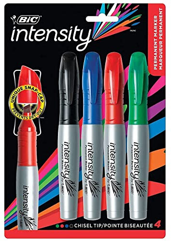 4 x Bic Intensity Chisel Tip Permanent Marker Pens for Wood, Metal, Glass, Plastic, Card, CDs, Paper, Photos & More in Assorted Colours (Black, Blue, Red & Green)