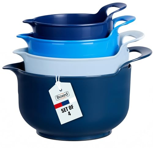BoxedHome 4 Pack Nesting Mixing Bowls with Pour Spout and Handle, Plastic Large Mixing bowl BPA free Microwave & Dishwasher Safe(Blue, 4 Pack with Handle)