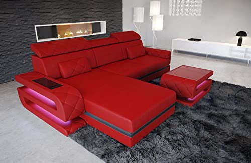 Sofa Bologna als Ecksofa in der L-Form Ledersofa mit USB-Anschluss Stauraum Beleuchtung Kopfstützen Designersofa Couch (Ottomane Links (auf Sofa blickend), Rot-Schwarz)