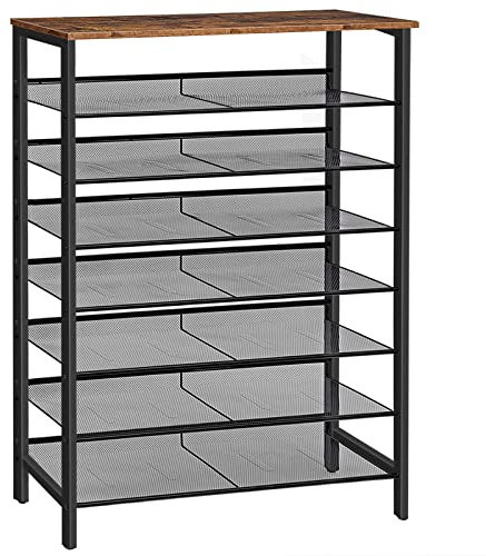 HOOBRO 8-stöckiges Schuhregal, Schuhschrank hoch, Große schmal Schuhablage, Flache und kippbare, 100 x 30 x 137 cm, Metall, für 32-40 Paar Schuhe, für Eingang, Flur, Dunkelbraun-Schwarz EBF118XJ01