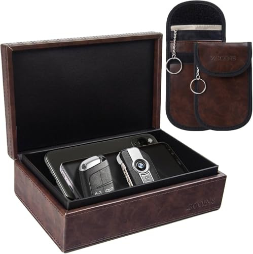 Faraday-Box & 2 zweischichtige Taschen Value Bundle | Autoschlüssel-Signalblocker-Box, RFID-Blocker-Set, schützt jeden Autoschlüssel mit Faraday-Schutz-Braun