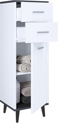 VCM Badmöbel Midischrank | Seitenschrank | Maße: H. 97 x B. 32 x T. 28 cm| 2 Schubladen | 1 Drehtür | 2 Fächer – Landos