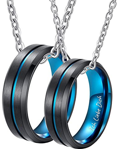 Bishilin Partnerkette mit Wunschgravur, Pärchen Halskette Ringe Blau Schwarz 8MM Matt Charms Anhänger Kette Silber 60CM