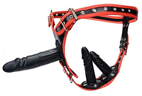 AAKOMA Consolador negro con correa roja con cinturón de arnés 3 consoladores de silicona extraíbles, arnés de tamaño ajustable G Spot Stimulate Dildo Sex Toy para parejas (Alargar)