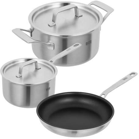 Kuhn Rikon CULINARY FIVEPLY Set – Casserole à manche 1,7 l + casserole 3,4 l + poêle Ø 24 cm, acier inoxydable