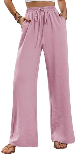 ALSOGO Weite Hose Damen Elegant Breite Hosen High Waist Lose Sommer Palazzo Hose Dehnbar Lounge Lang mit Taschen Rosa L