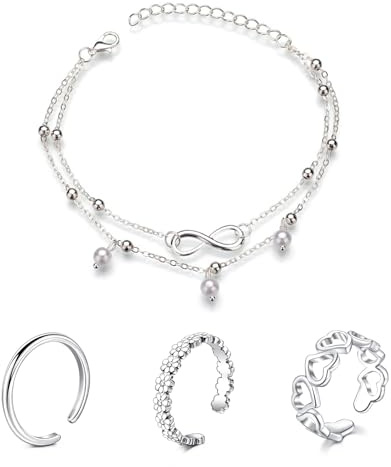 Incaton tåring för kvinnor ankelarmband vristlänk silver guld tåringar justerbar öppen fotled skarv tå ringar set blomma hjärta fotsmycken ringar, Metall