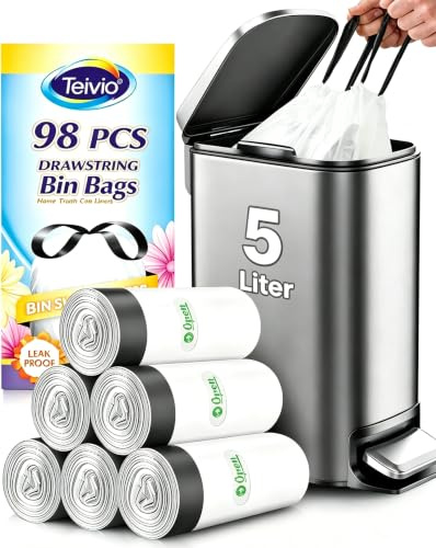 Teivio Bolsas de basura pequeñas de 5 litros con grifo de amarre, 80 bolsas de basura con cordón fuerte para cubos de basura de 3 a 5 litros, bolsas de papel de basura para el hogar, oficina, cocina,