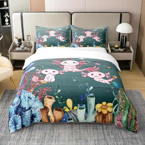 100% Bio-Baumwolle Kinder Kawaii Axolotl 200x200 Tröster Bezug,Rosa Nette Axolotl Bettwäsche Set für Kinder Mädchen,Vintage Holz Ozean Bettbezug,Küste Kreatur Bettbezug mit Reißverschluss Verschluss