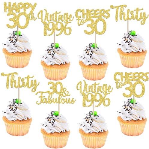 SYKYCTCY 30 Pack Happy 30th Birthday Cupcake Toppers Glitter Thirty Vintage 1996 Cupcake Picks Cheers to 30 Fabulous Cake Decorations for 30th Birthday Wedding Anniversary Party Supplies Gold