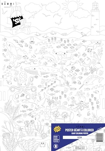 BAMMI Riesen-Poster zum Ausmalen, Motiv: Ozean, 100 cm x 70 cm, Weltkarte, hochwertiges Papier, 150 g/m²