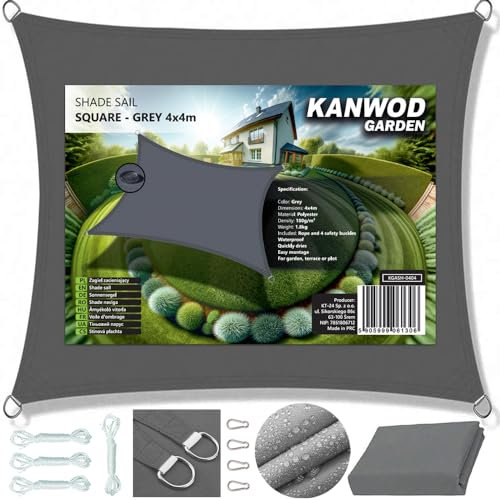 KANWOD Vela Ombreggiante Impermeabile Rettangolare, 4 x 4 m, Protezione UV, Tessuto 180 g/m², Telo Ombreggiante Esterno per il Balcone, la Terrazza e il Giardino, Grigio