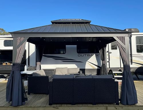 PURPLE LEAF Tonnelle de Jardin Exterieur 4 x 3 m avec LED Pergola Alu Gris | Ambiance Romantique, Poteaux robustes 12 x 12 cm, Conçue pour durer, Gouttière intégrée, Moustiquaire 260 g/m² et rideaux