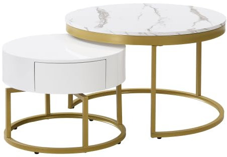 SogesHome Couchtisch Rund, Satztisch 2er Set Satztische fürs Wohnzimmer Stapelbarer Beistelltisch Couchtisch 2er Set, Drehbarer Runder Kaffeetisch Hochglanz Marmormuster