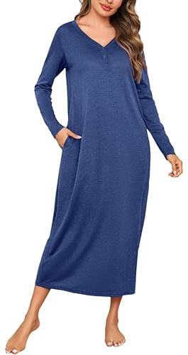 Leversic Chemise de Nuit Longue Femme en Coton Manches Longues Robe de Nuit Peignoir de Bain Bleu Foncé XXL