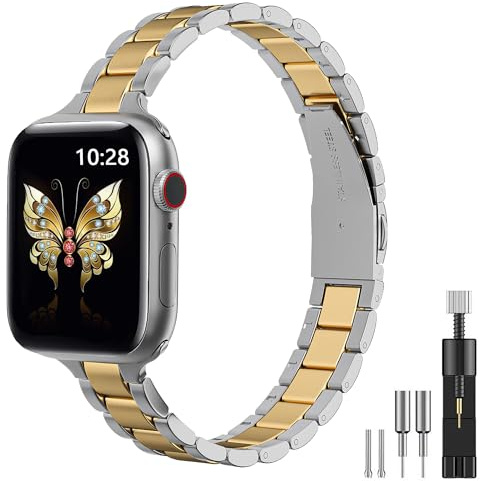 Damen Schlankes Metallarmband Kompatibel mit iWatch Armband 38mm 40mm 41mm 42mm 44mm 45mm 46mm 49mm, Edelstahl Armband mit Installationswerkzeug für iWatch Ultra 2, SE Serie 11/10/9/8/7/6/5/4