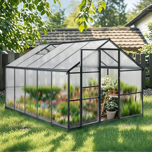 Gegaden Gewächshaus Aluminium für den Garten,301*238*195cm,7.1m²,Mit 8 cm dickeres Fundament,Vielseitig nutzbar als Treibhaus Gartenhaus Winterfest Aufzucht Tomatenhaus Frühbeet und Pflanzenhaus,Grau