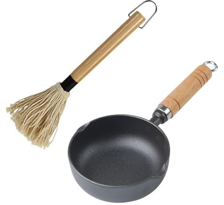 HyzaPhix Cast Iron Sauce Pot and BBQ Mop Brush Set for Grilling, BBQ Basting Set with Saucepan and Brush Barbecue Accessories Meat Smoker Accessories Gift for Men (Black)