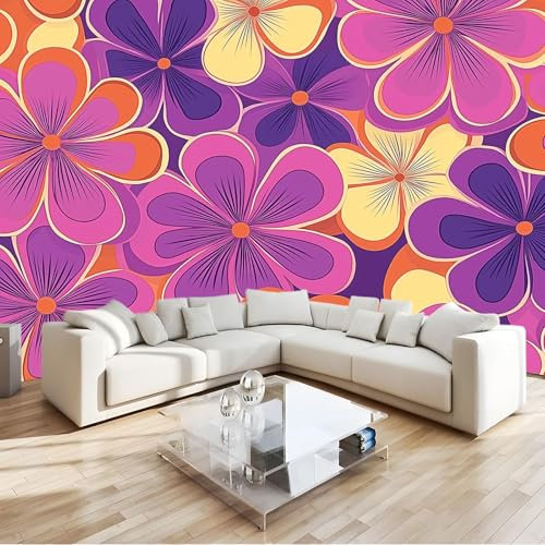 Fototapete Lila Retro Funky Blumen Wanddekoration für Schlafzimmer Wohnzimmer 200 x 140 cm Vliestapete Wandtapete moderne Wand Lila