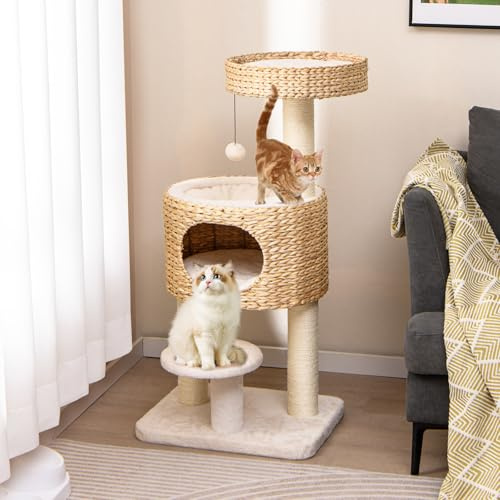 COSTWAY Kratzbaum mit Katzenhöhle, 104cm hoch, Katzenbaum mit Sitzstange & Plattform, Bett, Ball & Sisal-Kratzsäulen, Kletterbaum aus Rohrkolben, Katzenkratzbaum Katzen, Beige+Natur