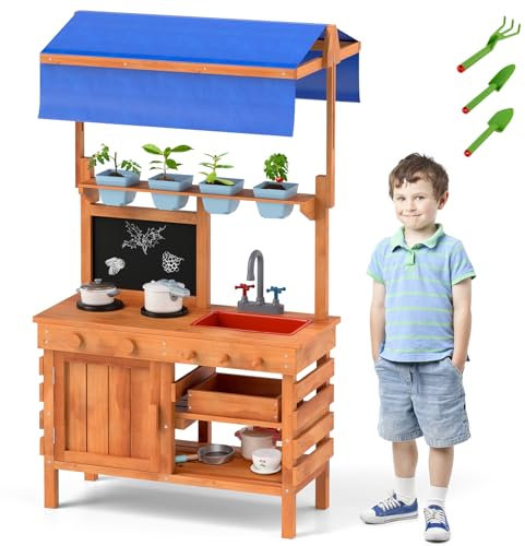 COSTWAY Cocina Juguete de Barro, Cocinita Infantil de Madera con Toldo Ajustable, Pizarra, 4 Tazas para Plantar, Estufas, Fregadero, Horno y Cajón, 136x77x56,5cm