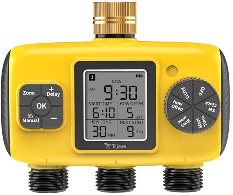 TRJZWA Computer per Irrigazione con 3 Uscite,Sistema di Irrigazione Automatico Timer di Irrigazione per Giardini e Terrazze con Ampio Display LCD e Ritardo Pioggia,Impermeabile IP65