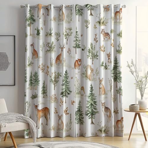 Kinderzimmer Verdunkelungsvorhänge Cartoon, Lustige Tiere Muster Polyester Blickdichte Vorhang mit Ösen, Weiß Waschbar Hypoallergen & UV-Schutz Vorhang Set für Schlafzimmer,H 200 x B 70 cm (2er Pack)
