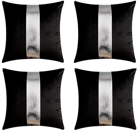 Gyulin Pack of 4,18x18 Inch Velvet Throw Pillow Covers with Silver Leather Striped Patchwork Stitching Modern Minimalist Square Pillowcase Cushion Covers for Bedroom Sofa Couch Living Room,Black