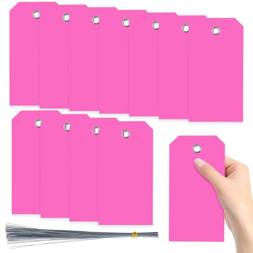 Swpeet 200 piezas etiquetas de plástico rosa de 6.29x3.14 impermeables escribibles con agujero de ojal con cables kit surtido, etiquetas colgantes con ojal etiqueta en blanco para etiquetar equipaje