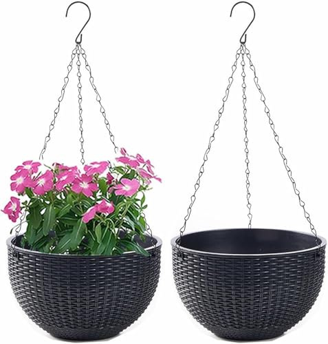 Blumenampel Hängend Außen und Innen Kunststoff Hängetopf für Pflanzen 2 Stück Blumentopf Hängend Hängeampel mit Kette Selbstbewässerung Hängepflanztöpfe für Blume Decken Balkone Garten (Schwarz)