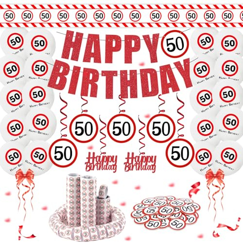 ALEGRE Deko 50 Geburtstag Mann Frau,Verkehrsschild 50 Geburtstag Deko Set mit Absperrband 50. Geburtstage Deko,Luftballons, Luftschlangen, Konfetti, Spiralen, Girlande,Geburtstagsdeko 50 Männer Frauen
