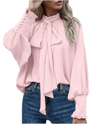 Women Dressy Pullover Elegant Bow Tie Knot Mock Neck Top Ruffle Frill Lantern Sleeve Chiffon Shirts Ladies Office Work Longline Blouse Casual Loose-Fit Cuff Long Sleeve Tops Pink
