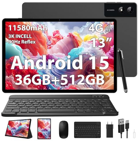 PIXPEAK 3K Tablette 13 Pouces avec Android 15, 36GB RAM, 512GB ROM (Extension 2TB), 4G Lte/5G WiFi, 2940*1840, 11580mAh, G99 2.2GHz, 13MP+8MP, Tablette Tactile avec Clavier/GPS/Bluet/4 Speakers-Nero