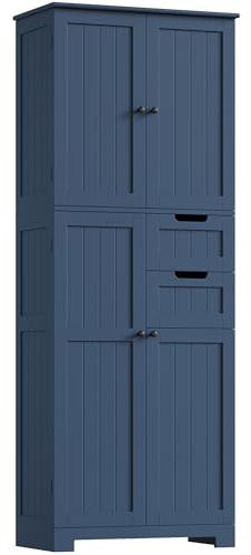 HOCSOK 164.5 cm Tall Bathroom Cabinet, Freestanding Storage Cupboard, Adjustable Shelves and Drawers, Wooden High Floor Cabinet Unit for Living Room Kitchen, Navy Blue