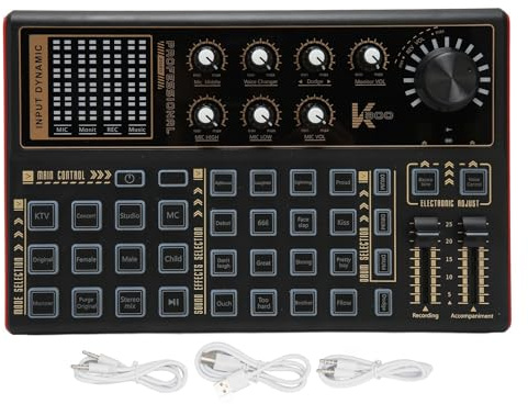 FAUOSWUK Cambiador de Voz de Tarjeta de Sonido de Transmisión en Vivo, Tablero Mezclador de Sonido con Entrada de Micrófono Dual BT 12 Efectos de Sonido 16 Modos de Voz para Juegos de (Negro)