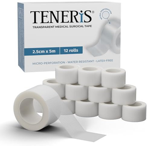 Teneris Microporous Clear Medical Tape 2.5cm x 5m - 12 Rolls Value Pack – Breathable, Hypoallergenic, Latex-Free, Water-Resistant, Easy to Tear - for Dressings, Bandages & First Aid Use
